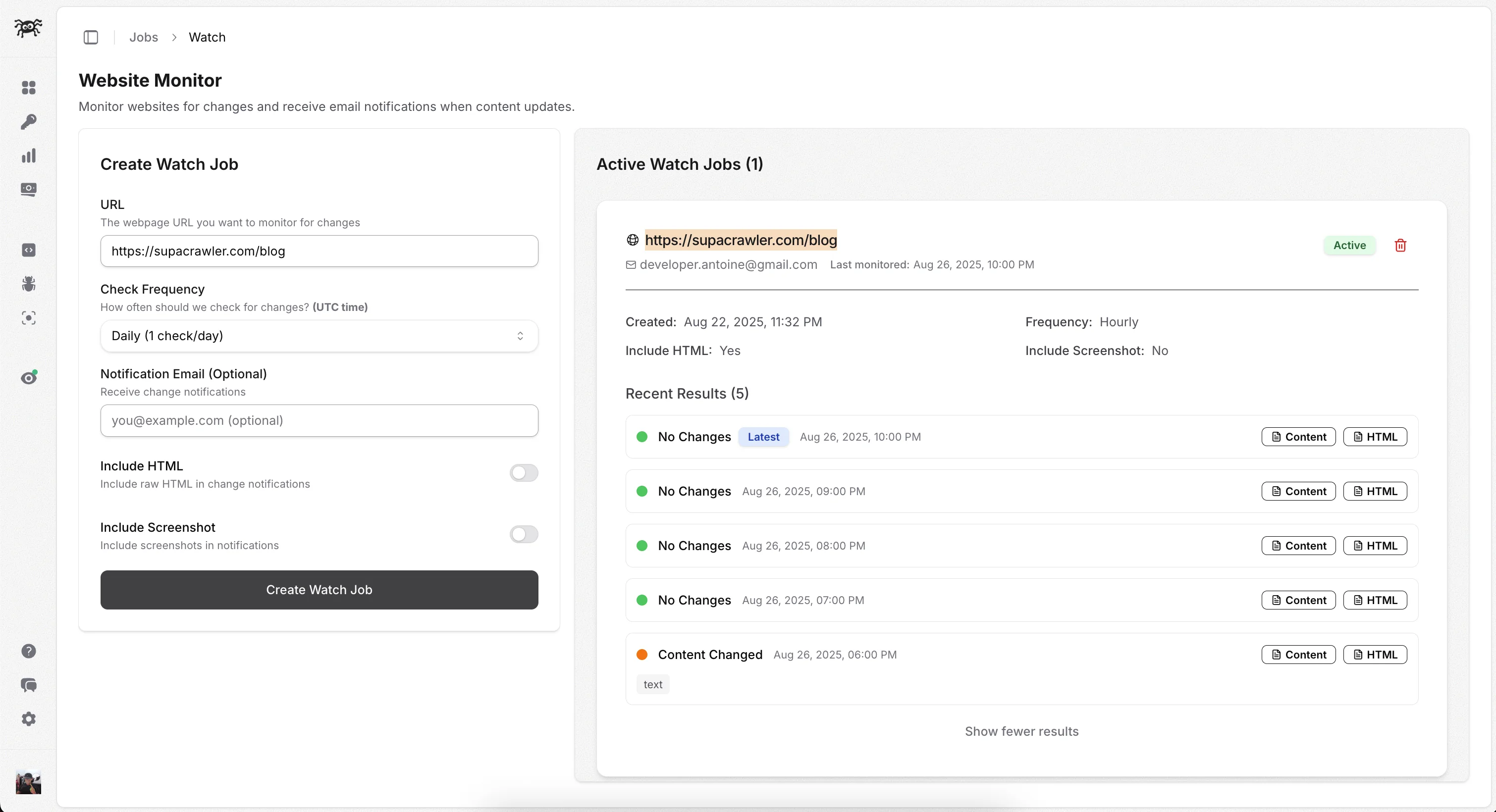 Watch job creation interface